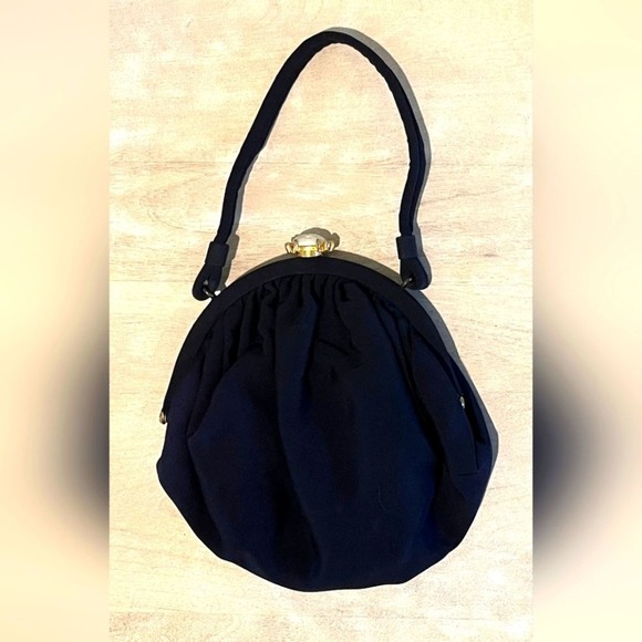 Handbags - Beautiful Vintage Navy Blue Fabric Bag With Faux Pearl Closure